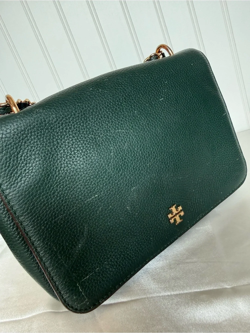 Tory Burch Miller Forest Green Pebbled Leather Chain Shoulder Bag 2019